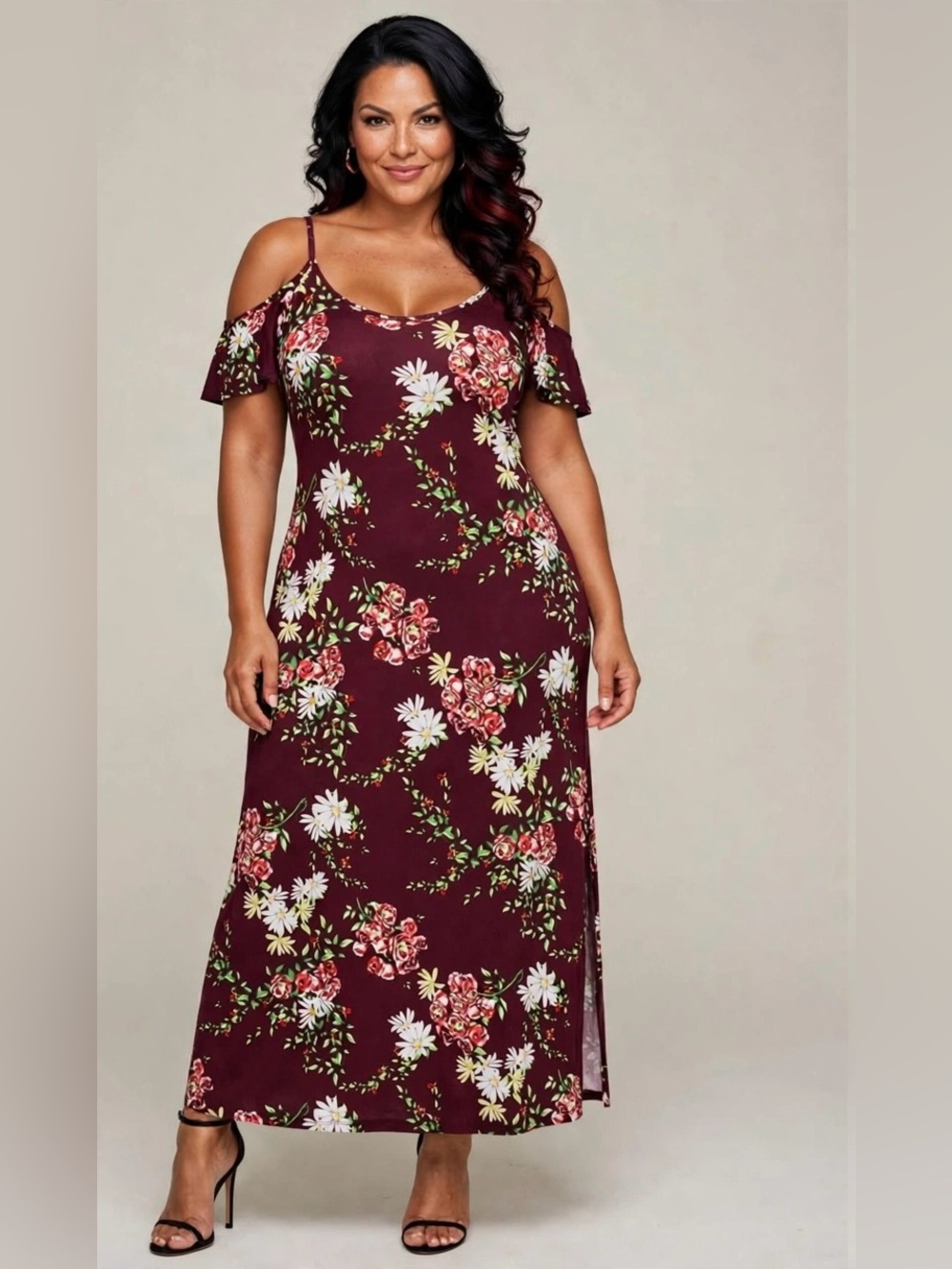 Grecerelle Maroon Floral Maxi Dress W/Cold Shoulders, Size 2XL
